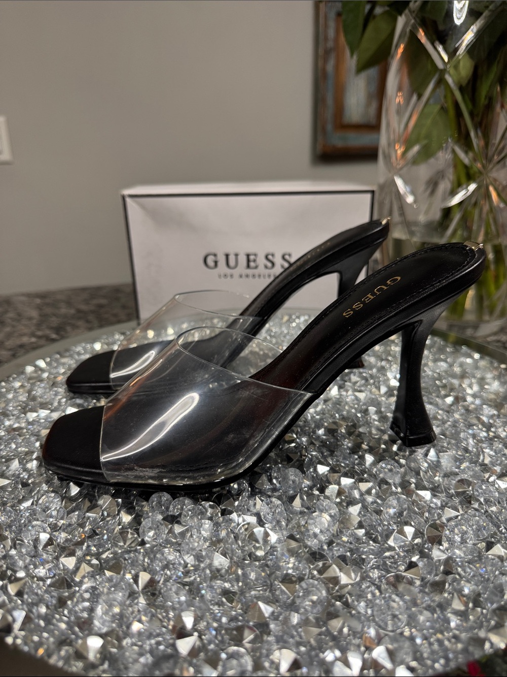 GUESS Hambree Black Heeled Mule with Clear PVC Strap NEW 6.5 - Picture 6 of 14